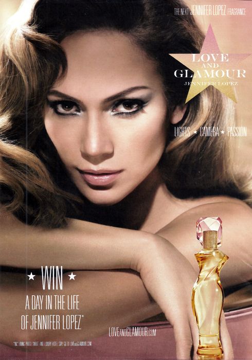 Famosos en anuncios comerciales. Jennifer Lopez anuncia su perfume Love and Glamour.