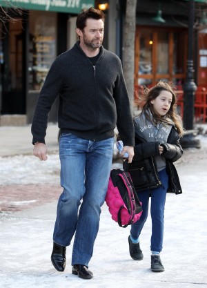 Australian actor Hugh Jackman picks up his daughter AVA from the school in The West Village, New York, NY on February 27, 2014. Photo by Charles Guerin-Morgan Dessalles/ABACAUSA.COM