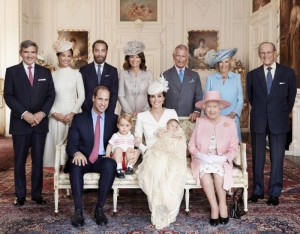 05/07/2015 Kate Duchess of Cambridge Katherine Catherine Middleton, daughter, Princess Charlotte of Cambridge, Prince George of Cambridge and Prince William Duke of Cambridge after Charlottes Christening at Sandringham on Sunday July 5, 2015. They are pictured in the Drawing Room of Sandringham House with Queen Elizabeth II (seated right) and (standing, from left), Michael Middleton, Pippa Philippa Middleton, James Middleton, Carole Middleton, Prince Charles the Prince of Wales and Camilla the Duchess of Cornwall and Prince Philip the Duke of Edinburgh at Sandringham House on the Sandringham Estate in Norfolk. Photo Credit: Mario Testino /Art Partner/Alpha Press/AdMedia